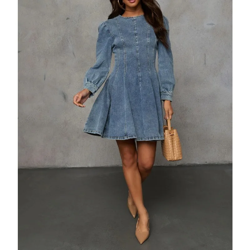 2025 Autumn, Elegant Temperament Splicing Waist Women's Denim Long-sleeved Dress
