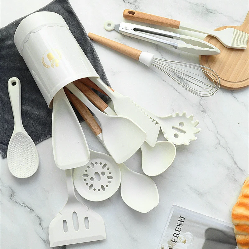 Non-stick Silicone Cooking Utensils Set  Kitchenware Wooden Handle Spatula Spoon Turner Soup Ladle Whisk Cookware  Kitchen Tools