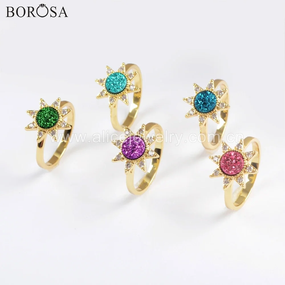 BOROSA 5/10PCS New Golden Plated Bezel Drusy Rings CZ Micro Pave Crystal Star Sparkling 7mm Round Rainbow Druzy Rings Jewelry