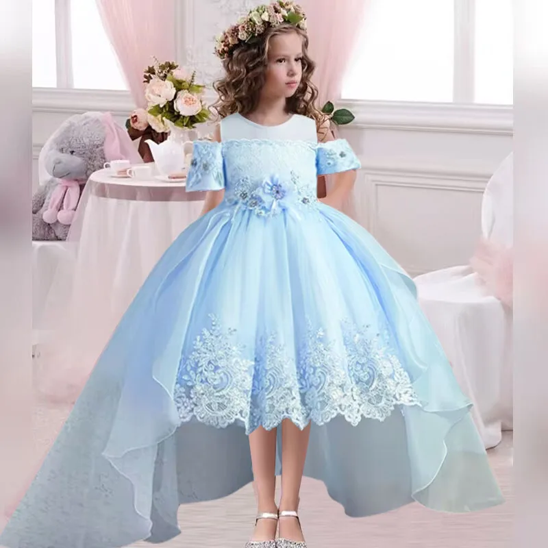open lace back dress Red Sequins Removable High Low Kids Party Dress with Bow BDCHK180 main image 0