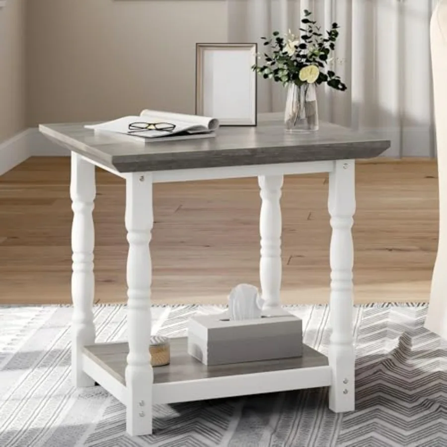 

Farmhouse Square End Table Antique Accent Table with Floor Shelf Side Table w/Dual-Tier Storage and Heavy-Duty Frame for Living