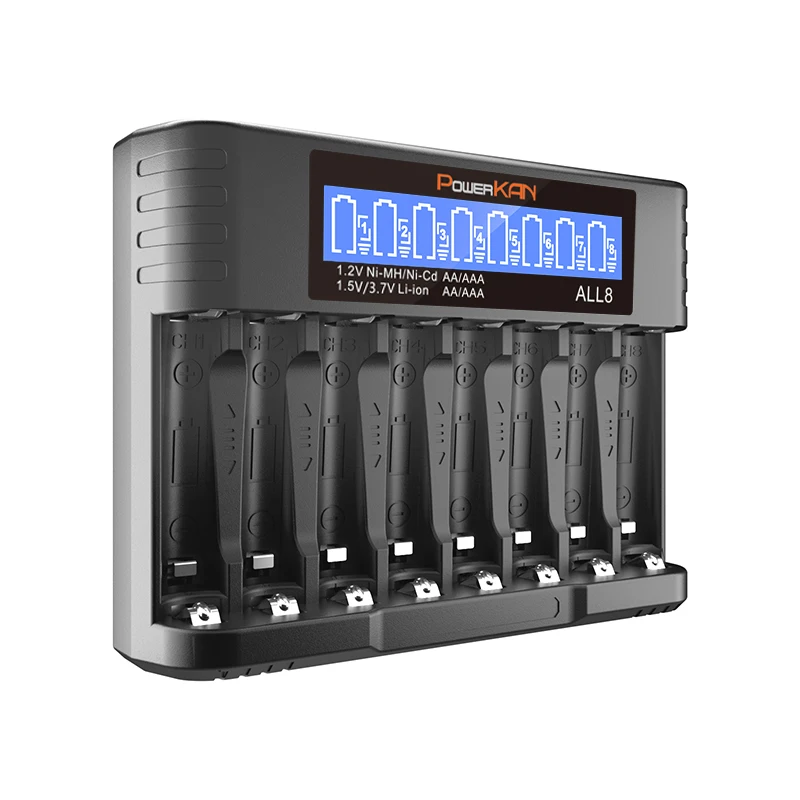 POWERKAN ALL8 charger, 8-slot high-speed LCD AA/AAA charger, suitable for 1.2V Ni-MH 1.5V/3.7V Li-ion rechargeable batteries