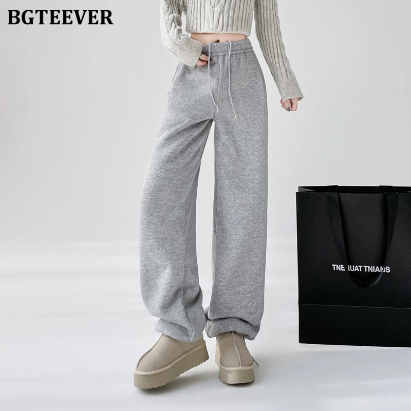 BGTEEVER Herbst Winter Verdicken Samt Lose Weibliche Kordelzug Hosen Casual Hohe Taille Spitze-up Taschen Frauen Breite Bein Hosen