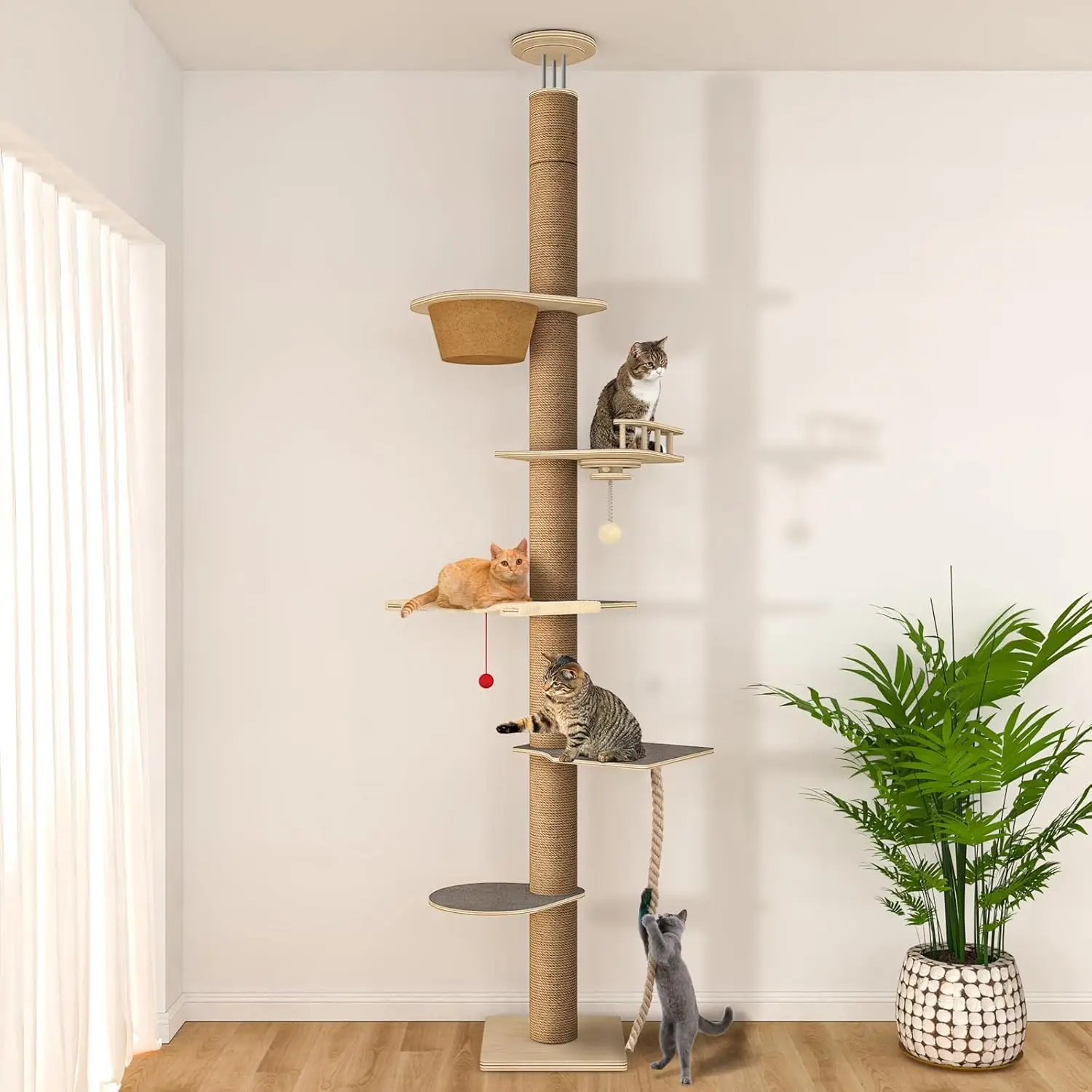 Indoor Cat Use, Wood (Implied), Neutral Color, Adjustable Height, 5 Tier, Solid Structure, Multiple Accessories