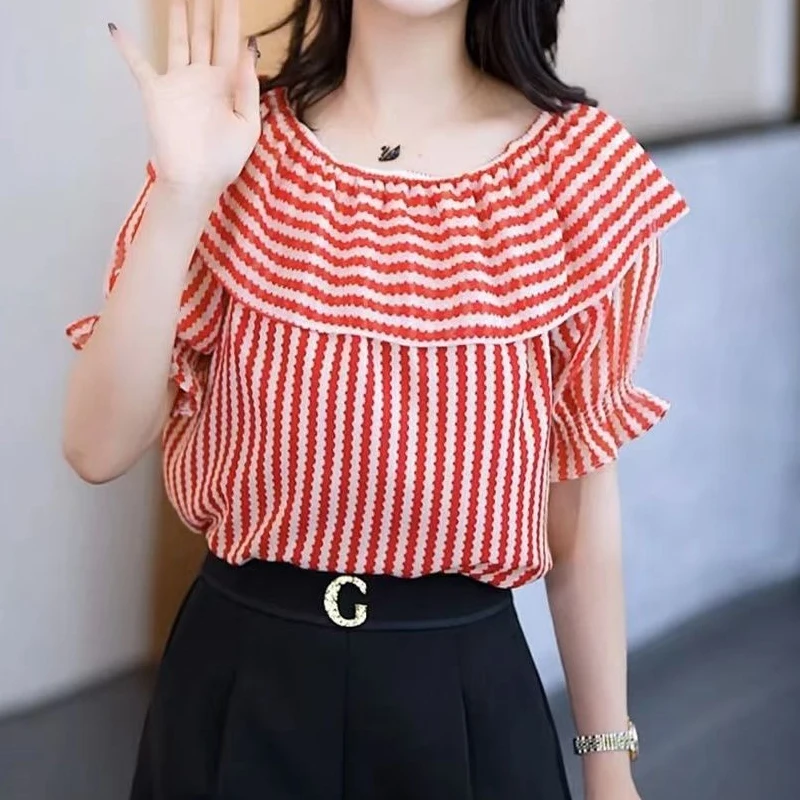 Fashion All-match Off Shoulder Blouse Thin Short Sleeve Print Loose Office Shirt Tops Summer New Elegant Vintage Women Clothing