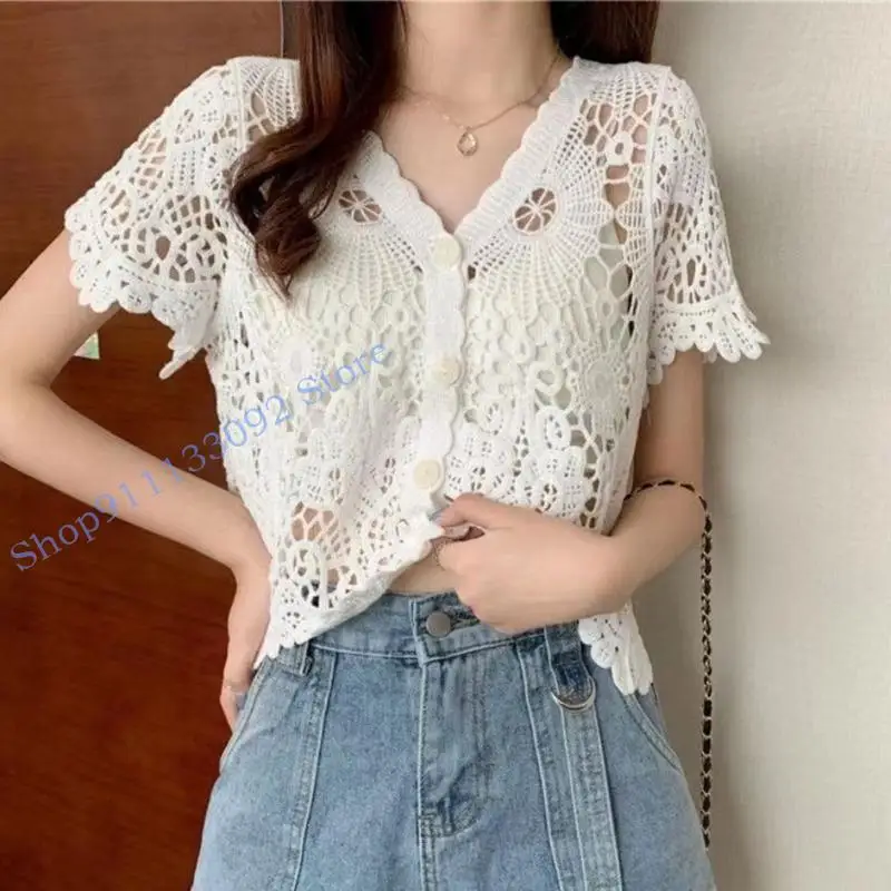

H9ED Women Summer French Short Sleeve Lace Shrug Hollow Out Crochet Knit Bolero Cardigan V-Neck Button Down Sheer Crop Top