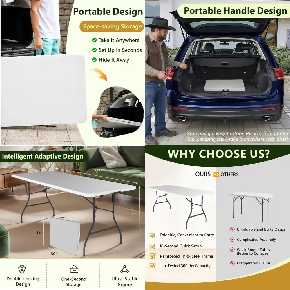 

Портативный складной стол для пикника длиной 6 футов с ручкой, прочный, для использования на улице, свадеб, кемпинга, вечеринок и в помещении, белый, простой в использовании