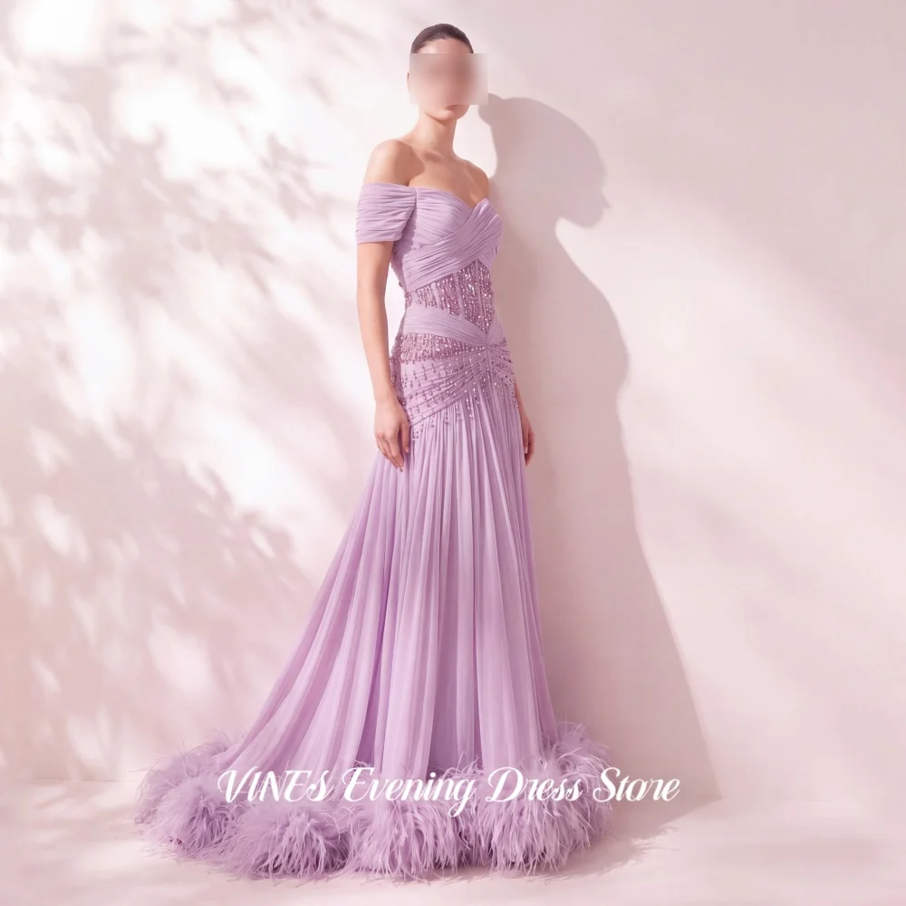 VINES Dreamy Lavender Off Shoulder Evening Dress Beaded Prom Gown Pleated Chiffon A-Line Feather Train Party Dresses Customized