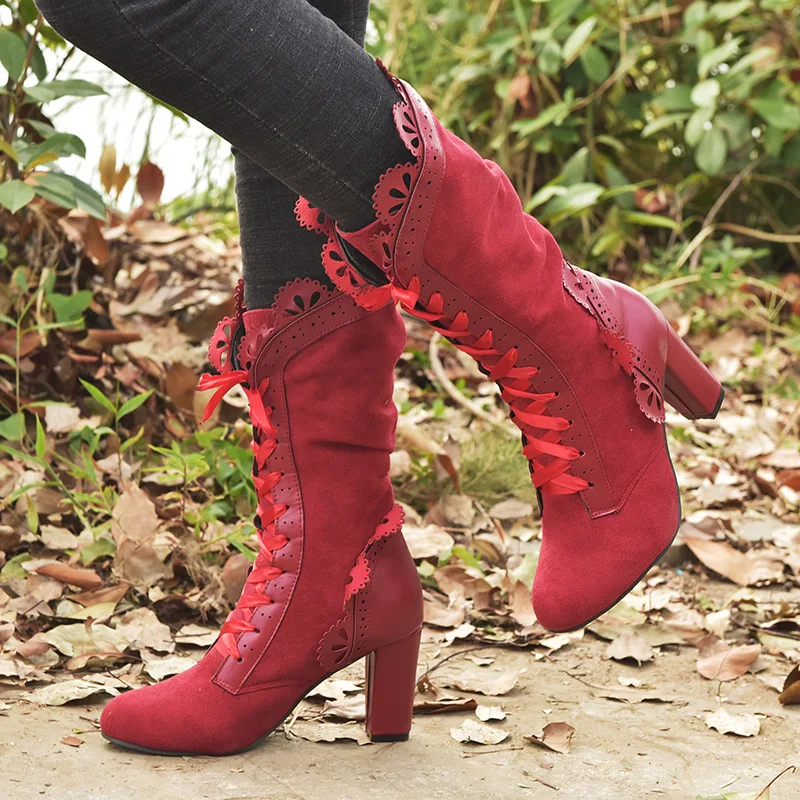 New High Heel Women Boots Steampunk Woman Sexy Faux Suede Boots Autumn Vintage Winter Shoes Ladies Lace Up Cosplay Boots