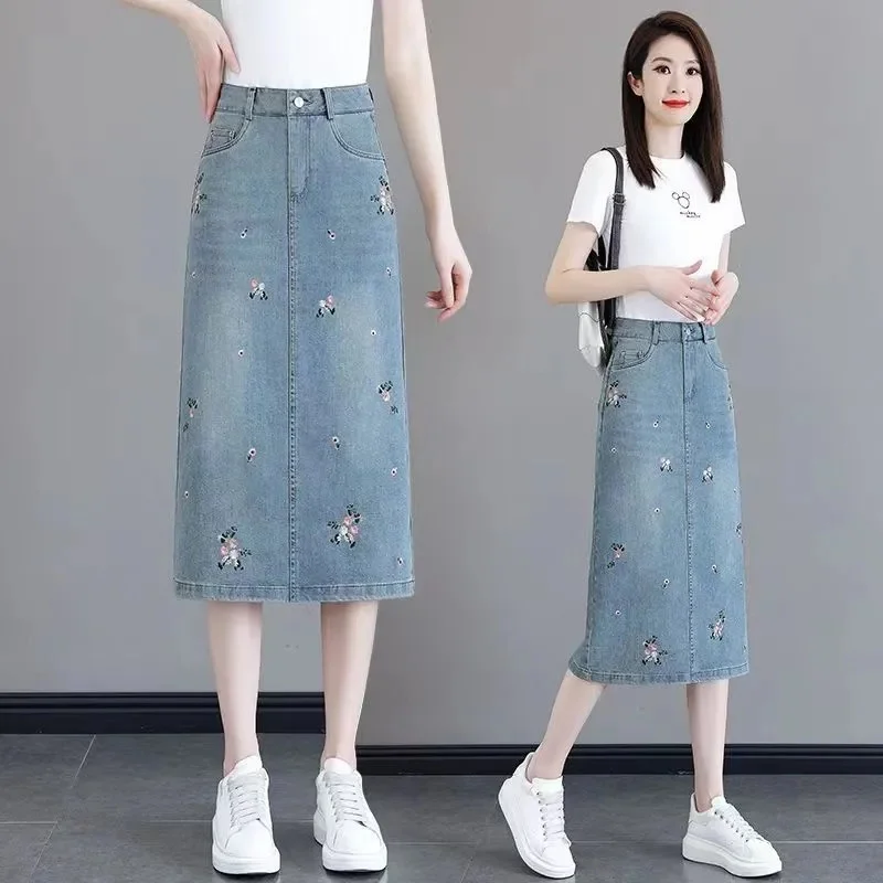 Indústria pesada bordado cowboy saia primavera/verão novo 2026 divisão de cintura alta saia de comprimento médio parece fino senhora saia emagrecimento