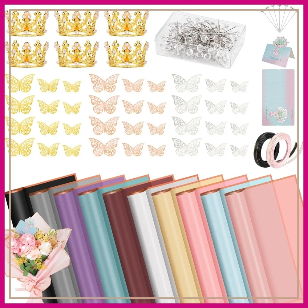 

209 Pcs Floral Wrapping Paper Set, Waterproof Flower Bouquet Wrapping Supplies with Ribbons, Crowns, Pins & Glue for DIY Craft