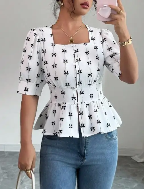

Top Women 2025 Summer New Fashion Bow Print Square Collar Casual Temperament Half Sleeved Slim Fit Daily Crop Shirt Top