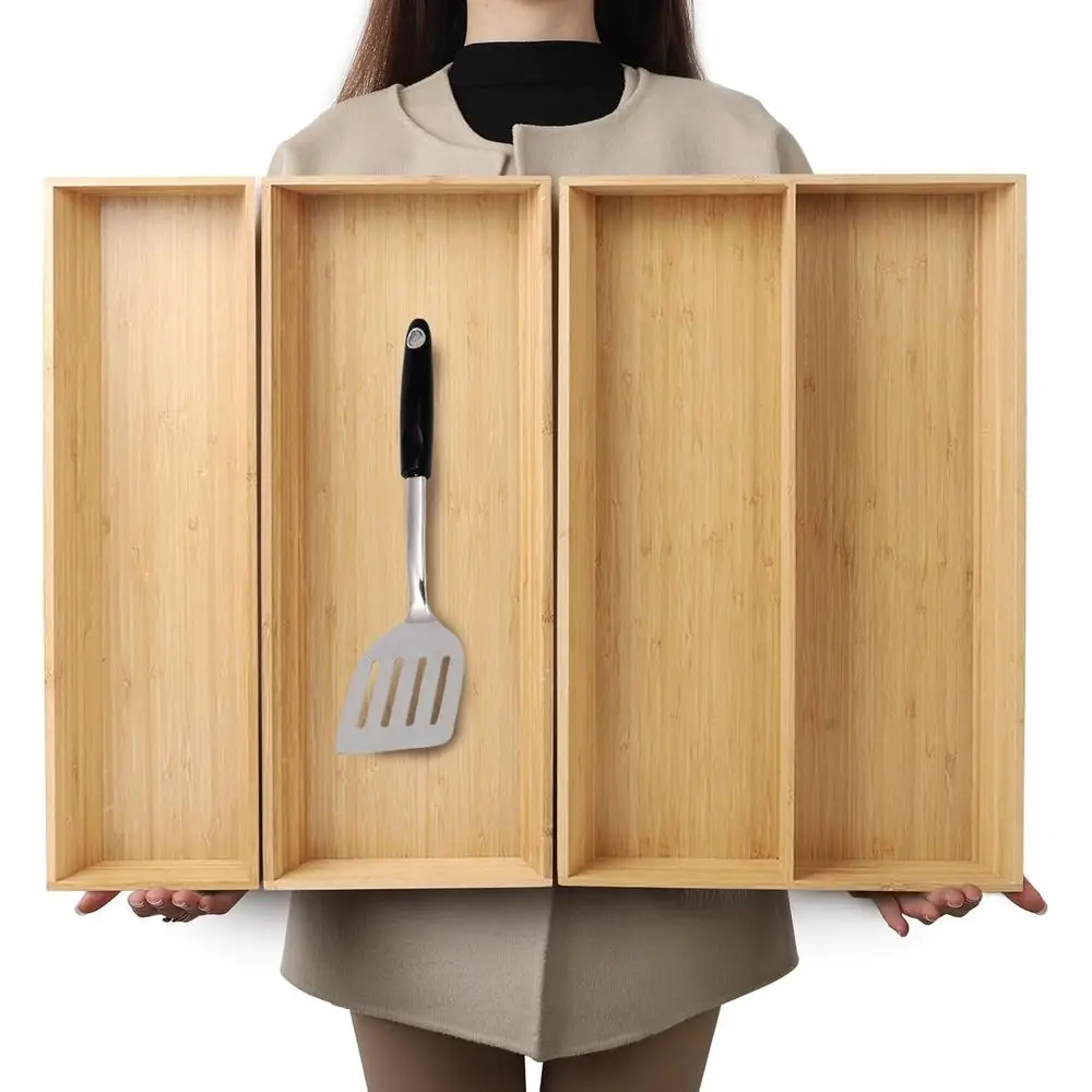 

V-Shaped Bamboo Der Organizer Set o 3, Kitchen Large and Long Utensil Plate, latware & Silverware Storage Box, Wood Der Organize