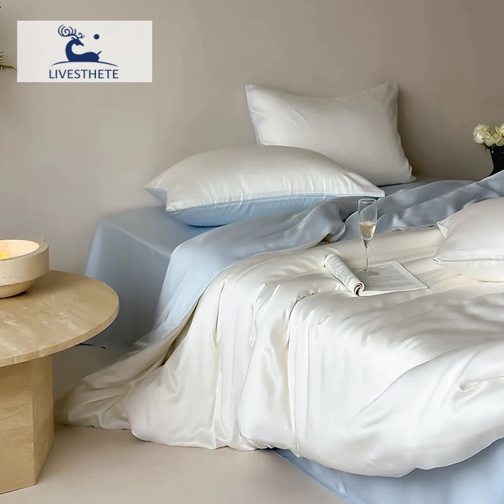 Liv-Esthete 100% Silk Duvet Cover Set Queen King White Blue Bedding Set Best For Skin Care Flat Sheet Pillowcase Bed Linen