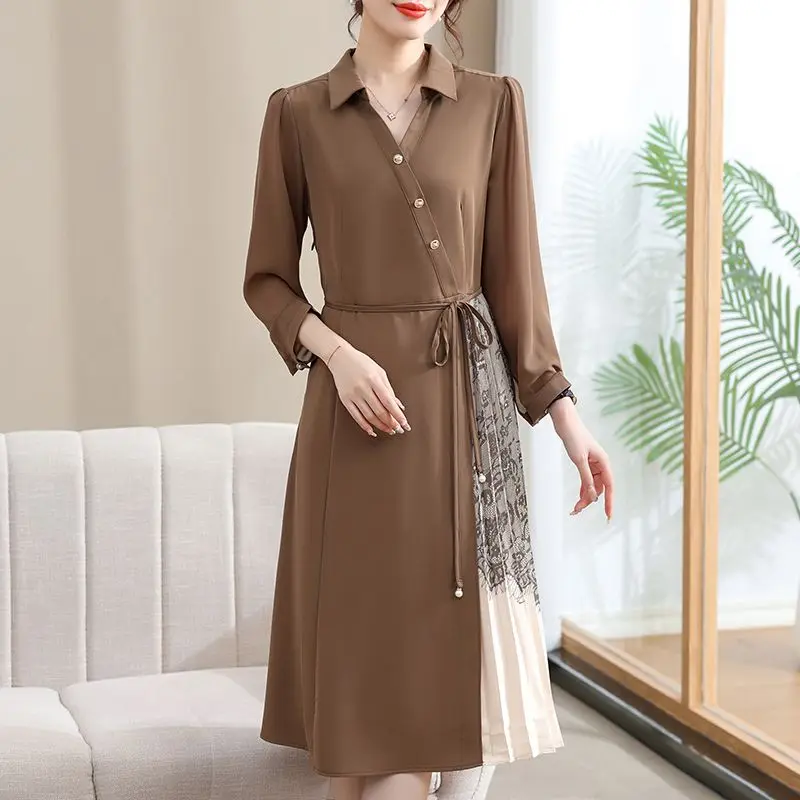 Women's 2024Autumn New Fat MM Long Sleeve Shirt Collar Fashion Waist Shrinking and Slim Splicing Mid long Lace-Up Dress Khak