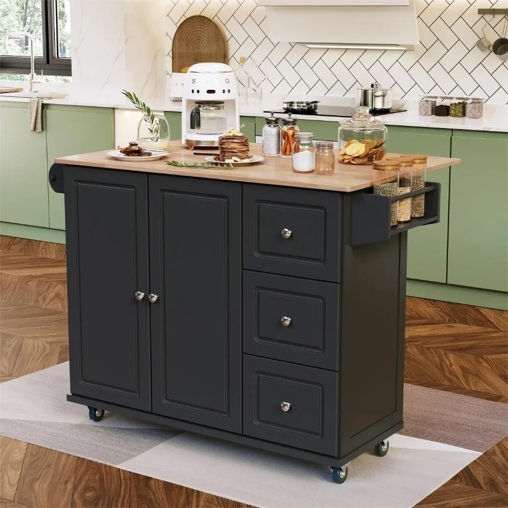 Îlot de cuisine à roulettes avec cuir chevelu tombant, chariot d'îlot de cuisine mobile avec armoire de rangement à 3 égouts de proximité, dessus de seau en bois