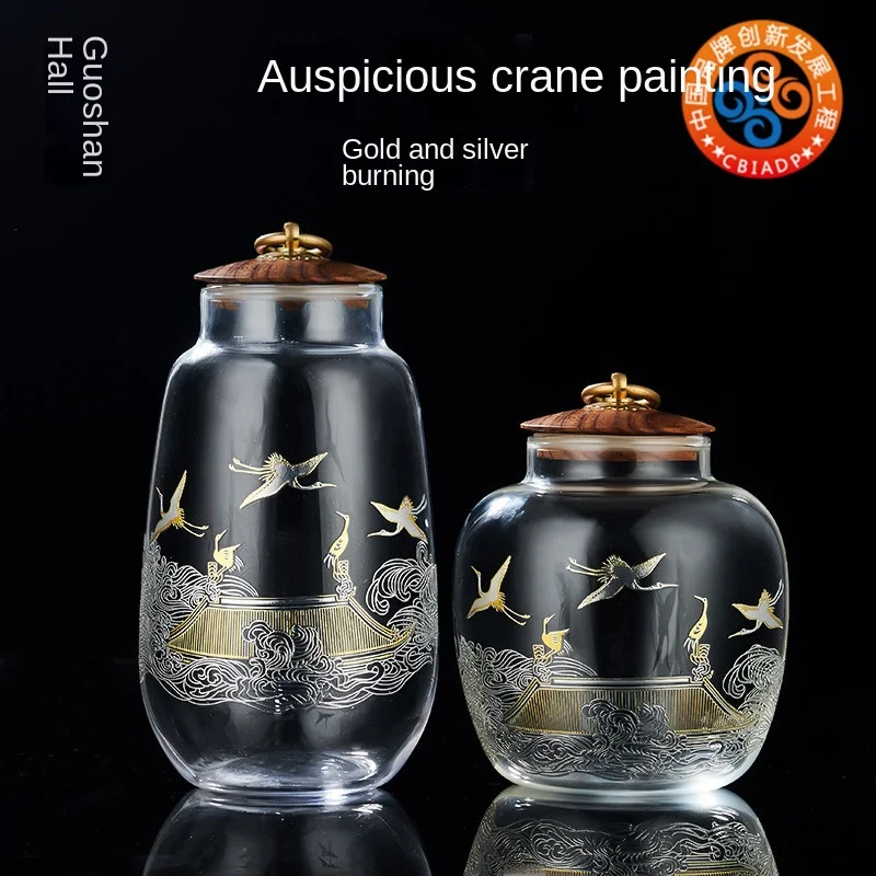 

Auspicious Crane Painting Gold and Silver Fired Glass Tea Pot Solid Wood Cover Brass Buckle Sealed Pu'er Tea in Bulk Green Tea