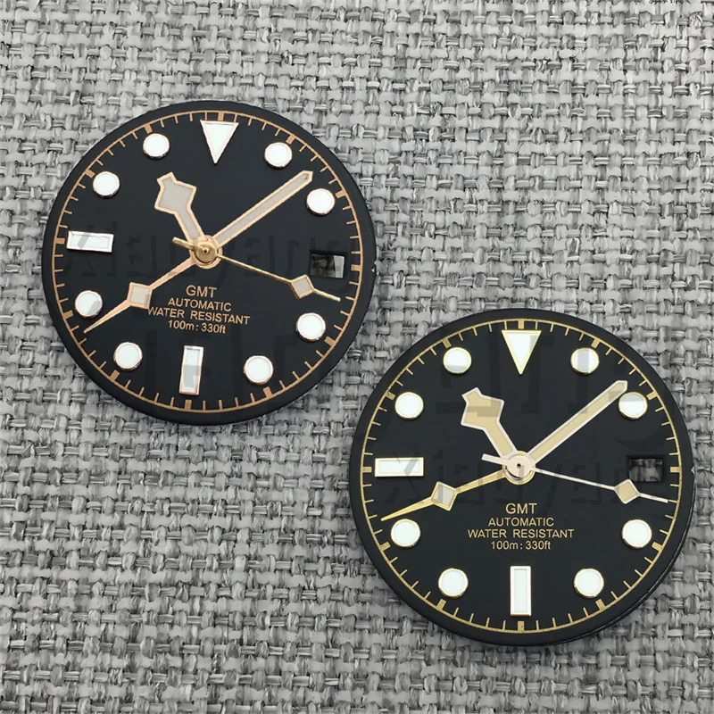 29MM Black Watch Dial Gold/Rose Gold Index Snowflake Watch Hands Date Window C3Luminous For NH34A Movement Watch Accessory Parts