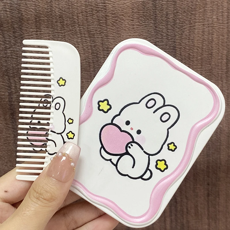 Cartoon Cute Rabbit Folding Clamshell Mirror Makeup Mirror With Comb Portable Creative For Women Girls Handheld Mirror