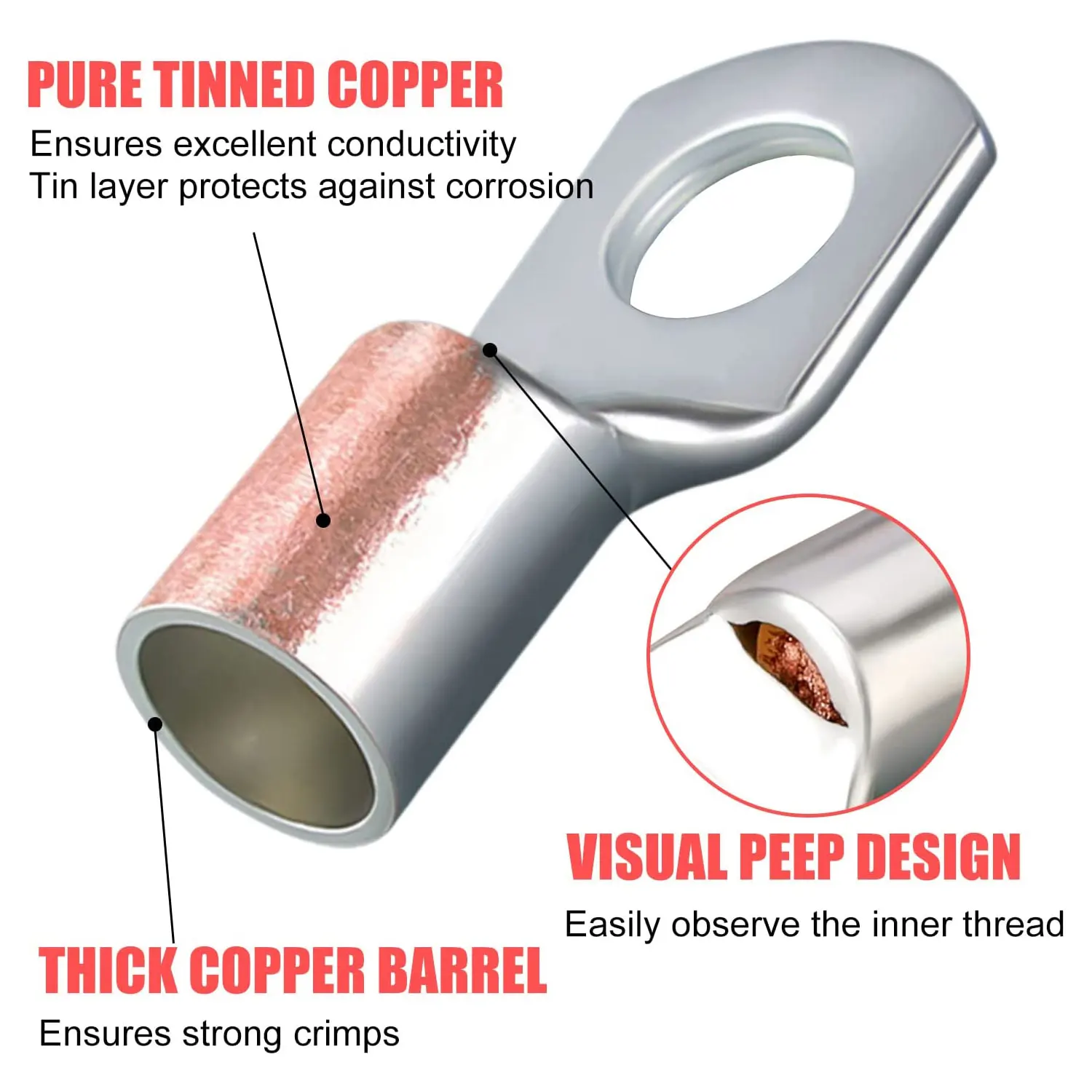 60PCS Tinned Copper Wire Lugs Kit, Battery Lugs, Crimp Battery Cable Ends, Battery Terminal Connectors, Ring Terminals