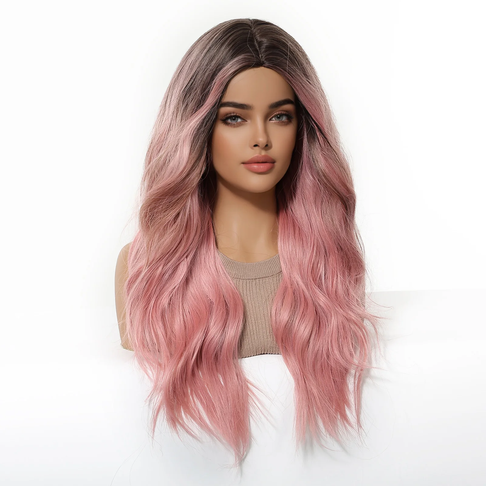 ALAN EATON Rosa gewellte synthetische Perücke, langer Mittelteil, dunkle Wurzelperücke für Frauen für die tägliche Weihnachtsfeier, hitzebeständige Faser