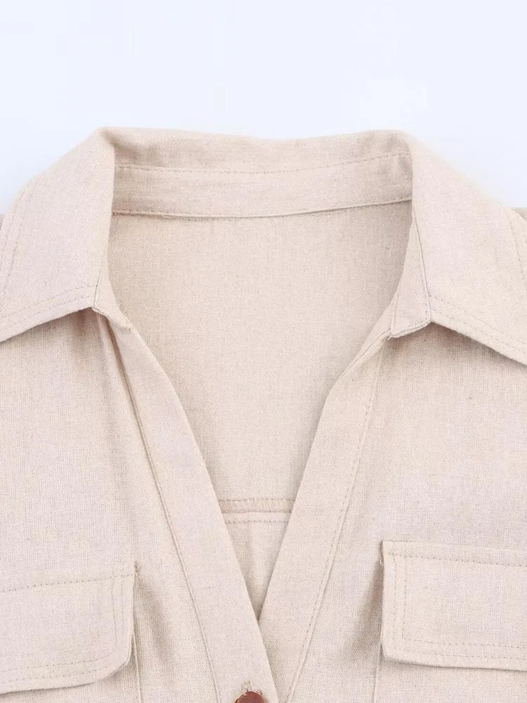 2025 ผู้หญิงฤดูร้อนมินิเสื้อแฟชั่น V คอเข็มขัดแขนยาวหญิง Elegant Street ผ้าลินินชุดเสื้อผ้า