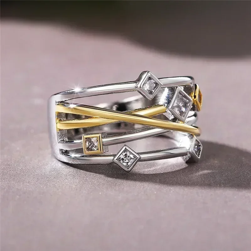 New Newly Fancy Cross Rings for Women Two Tone Design Fashion Versatile Female Accessories with CZ Party Geometric Jewelry