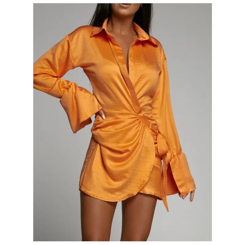 

2024 Autumn Fashion Horn Long Sleeved Solid Color V-neck Shirt Dress Women's Lace Up Temperament Commuting Irregular Short Dress