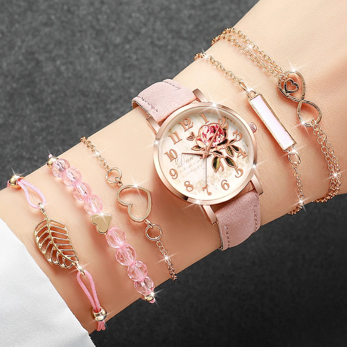 6pcs/set Women Fashion PU Leather Band Rose Dial Quartz Watch with Pink Bracelet Set (Box not included)