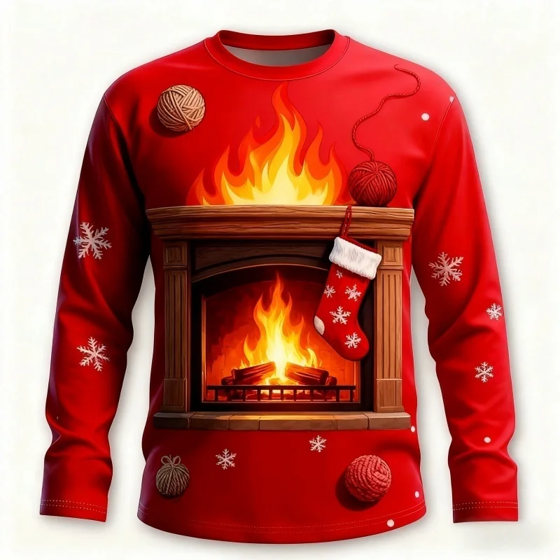 

Рождественская вечеринка, забавная мужская толстовка с круглым вырезом и длинными рукавами, 3D принт костра, уютная домашняя футболка, 2026, рождественский свитшот