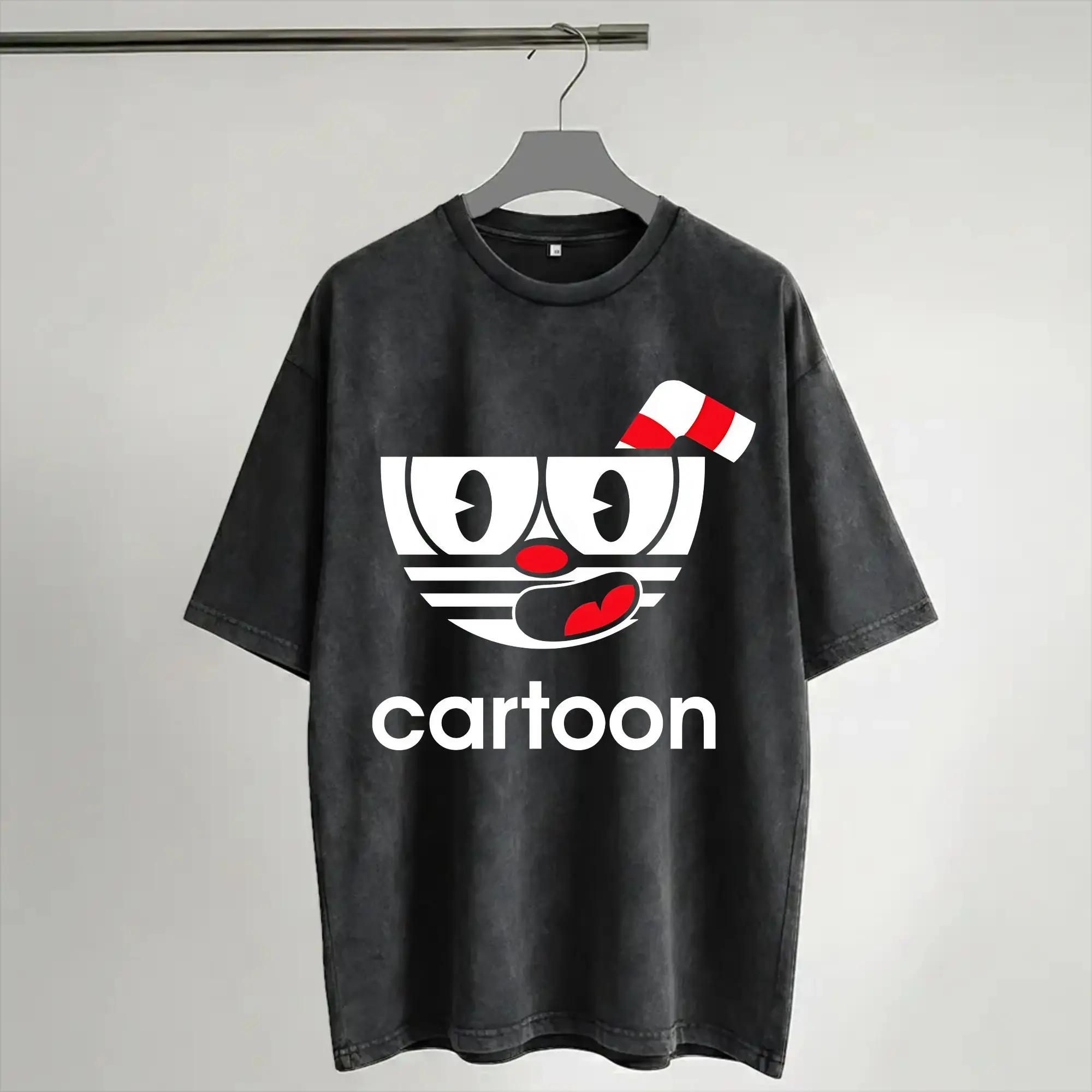 Cuphead and Mugman cup mug T Shirts Hip Hop Washed Short Sleeve Oversize T-Shirt  Novelty Men Women Streetwear Summer Tops Tees