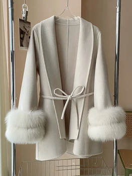 Casaco de pele de raposa feminino, capa de lã, casaco quente de caxemira, casaco feminino grosso, luxo, inverno