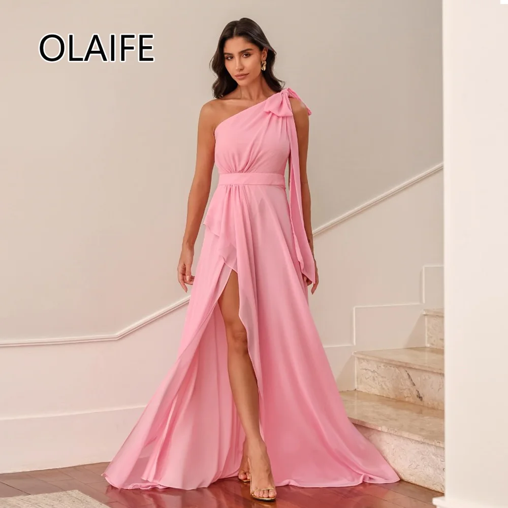 Chic One Shoulder Chiffon Formal Flowing Evening Dress A-line Side Slit Ruffles Prom Bridesmaid Gown with Court Customized