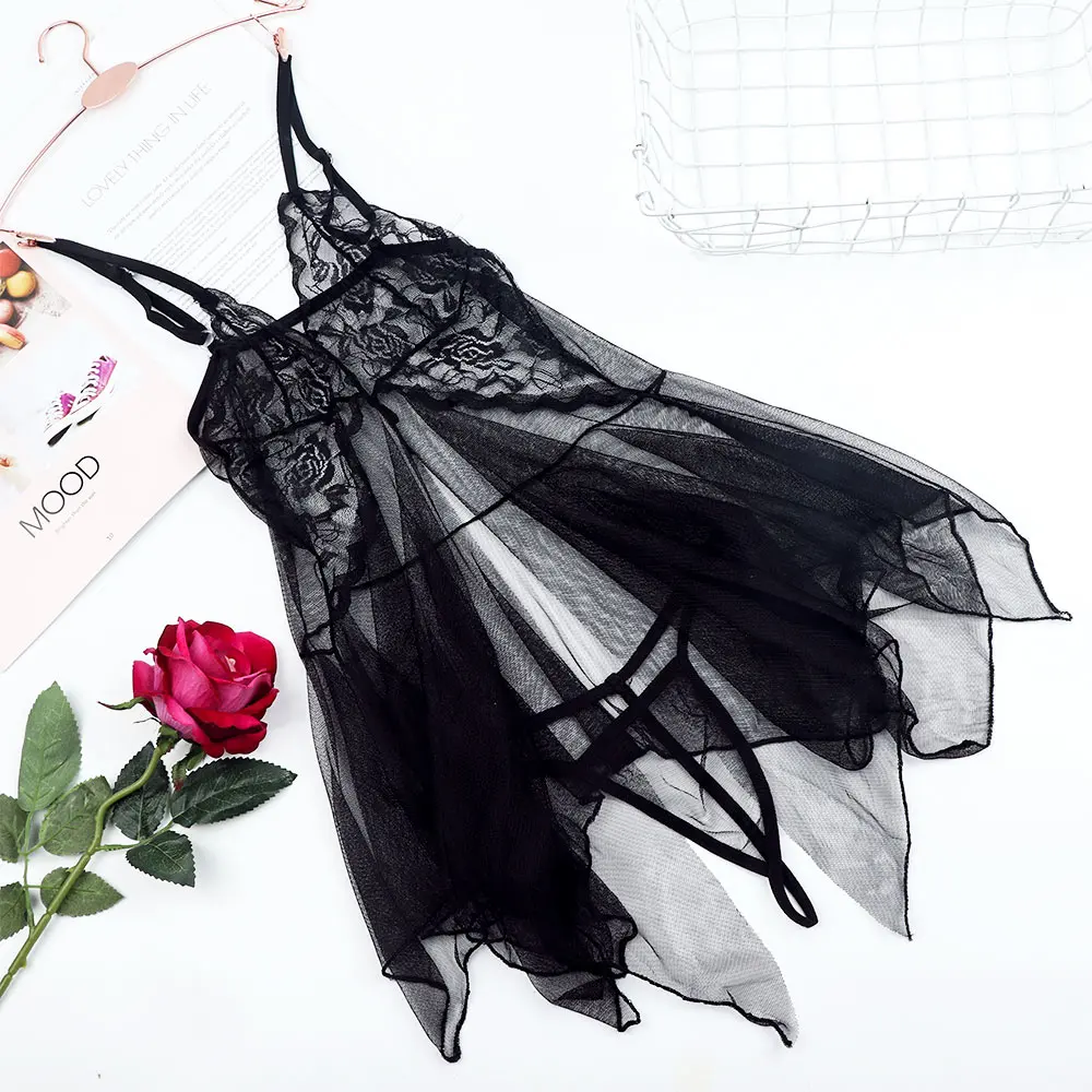 

Quality Fashion Costumes Night Dress Transparent Lace Sleepwear Underwear Women's Lingerie Set Babydoll Nightwear with G-string