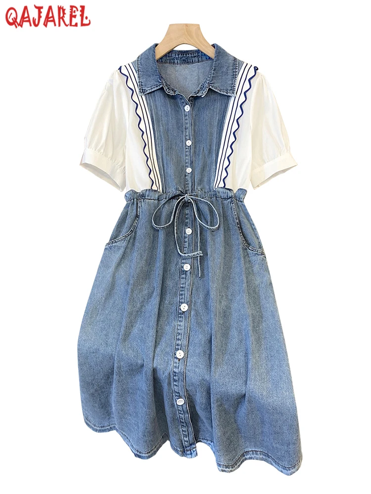 

Summer New Polo Collar Denim Patchwork Casual Loose Dress 2024 Draw String Bodycon Party Night Dress Women Elegant Chic Vestidos
