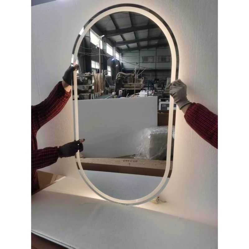 60x100cm Oval LED Fog Free Glass Lens Bathroom Mirror Smart Backlight Three Color Dimmable Vanity Mirror for Luxury Hotels