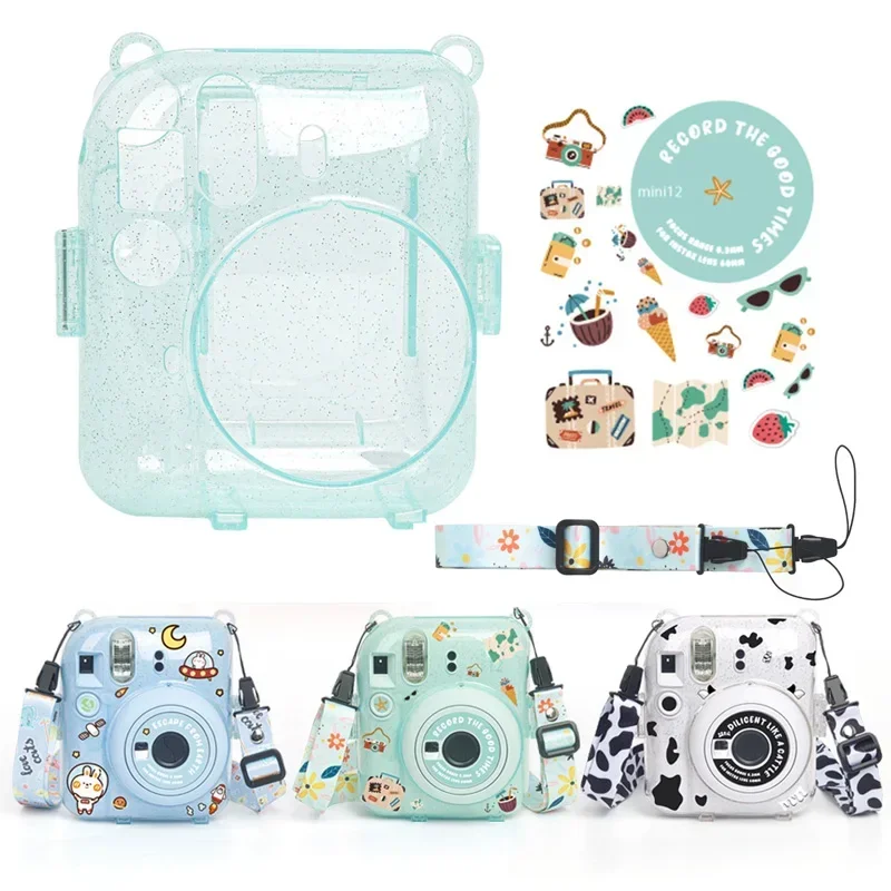 

For Fujifilm Instax Mini 12 Transparent Camera Case Protective Carry Bag Cover with Shoulder Strap Storage Bag with Cute Sticker