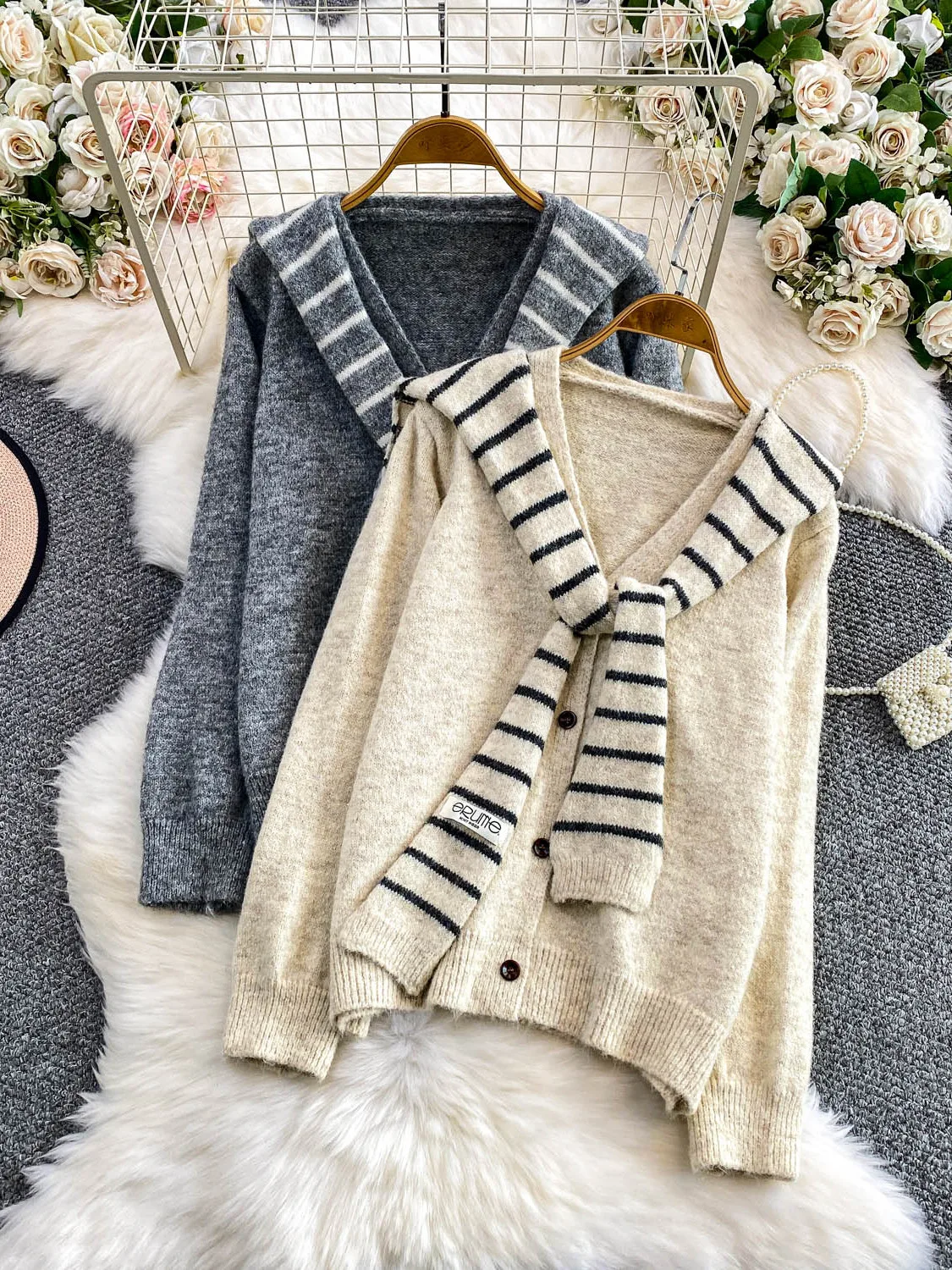 

Korean Sle Navy Collar Knitted Sweater Women's Soft Cozy Winter Outerwear Striped Long Sve Cardigan Loose Fit Daily Wear