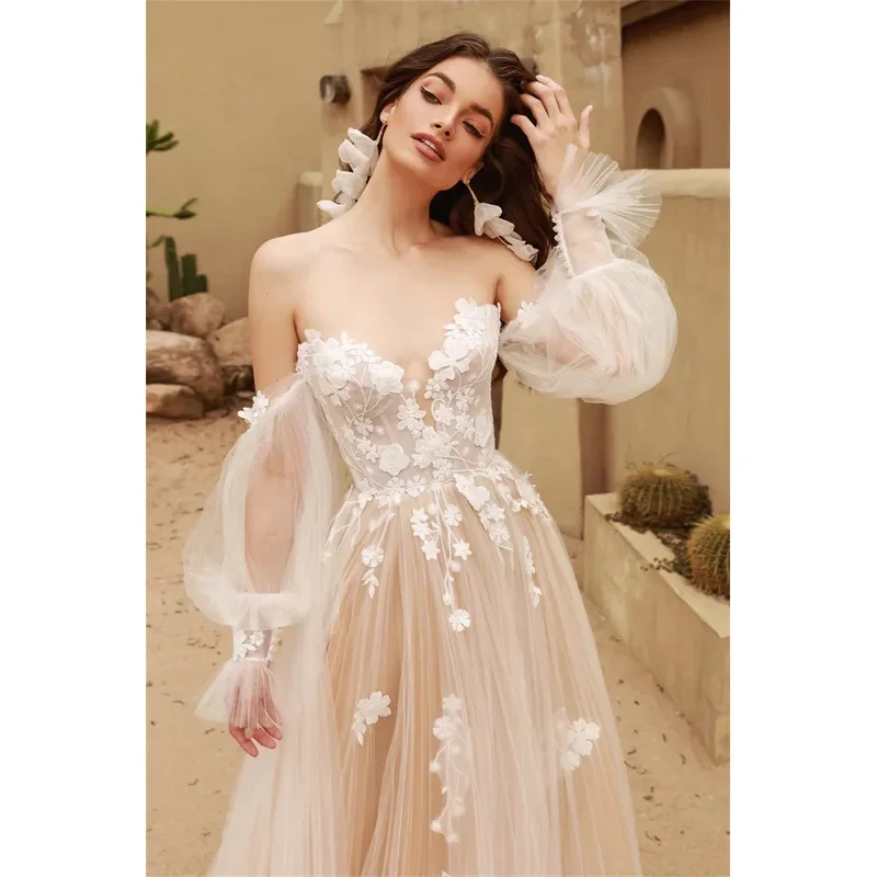 Light Champange Detachable Long Puff Sleeves V-neck Lace Applique Boho Beach A Line Wedding Dresses Custom Made 2025 Vestido De