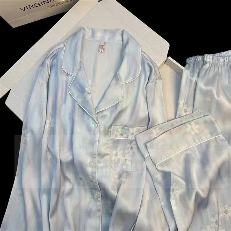 

Пижама с цветочным принтом Mujer, одежда для сна из искусственного шелка, женская ночная рубашка, топ с длинными рукавами, брюки, роскошные пижамы Femme, брюки из 2 предметов, костюм, наряд