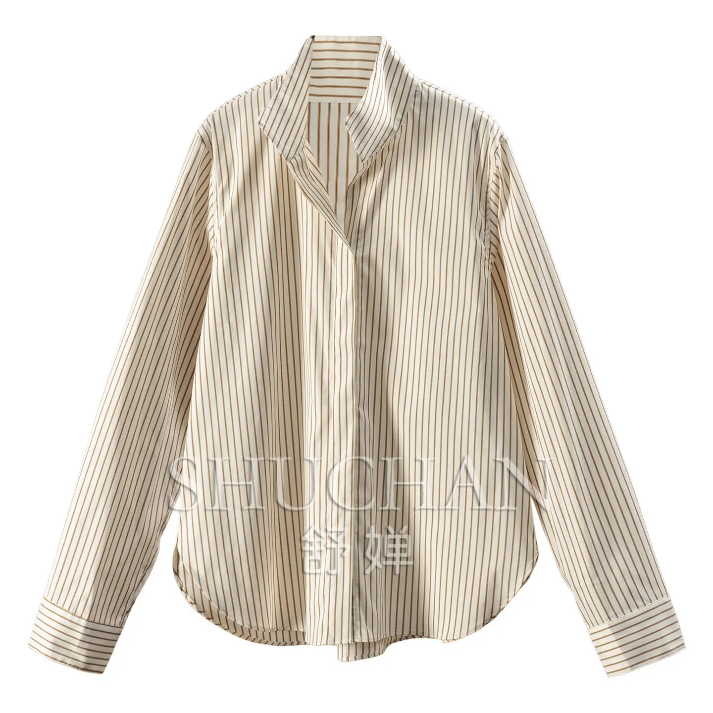 Old Money Stripe Shirt French Design High Value Suit Lapel Drape Silhouette Shirt Women's E392