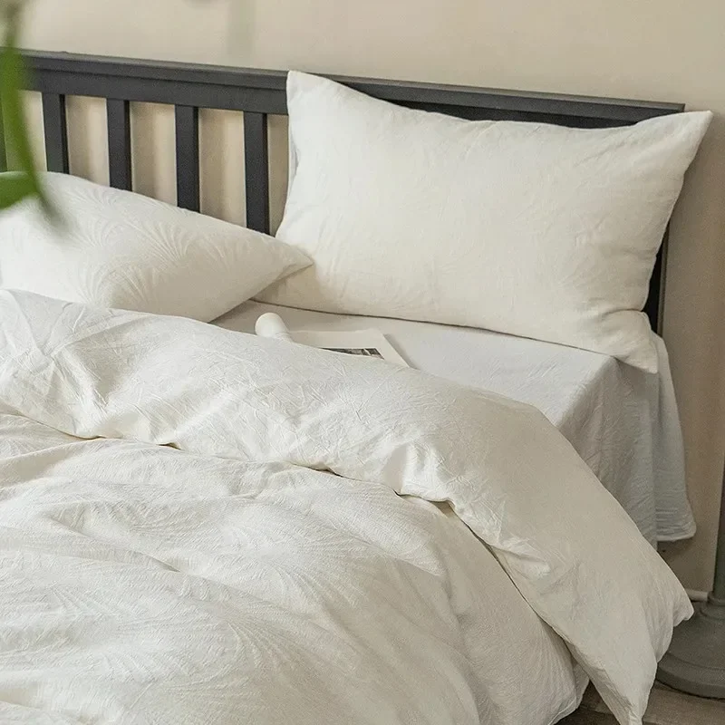 Pure Nature White Jacquard Weaving All Season Bedding Set, 4Pcs 100%Cotton Soft Gentle to Skin 1Flat/Fitted Sheet Pillowcases