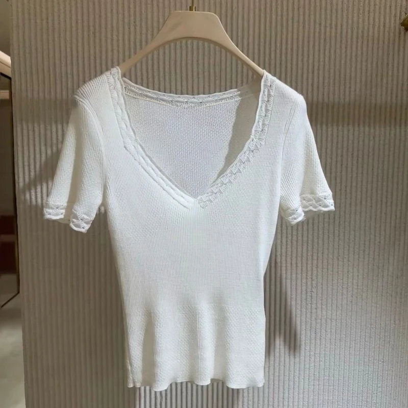 

Sexy Lace Knitted Wool Base Layer Top Women's Faion Slim Fit V-Ne ort Sve T-irt Set Student Work orm Suit