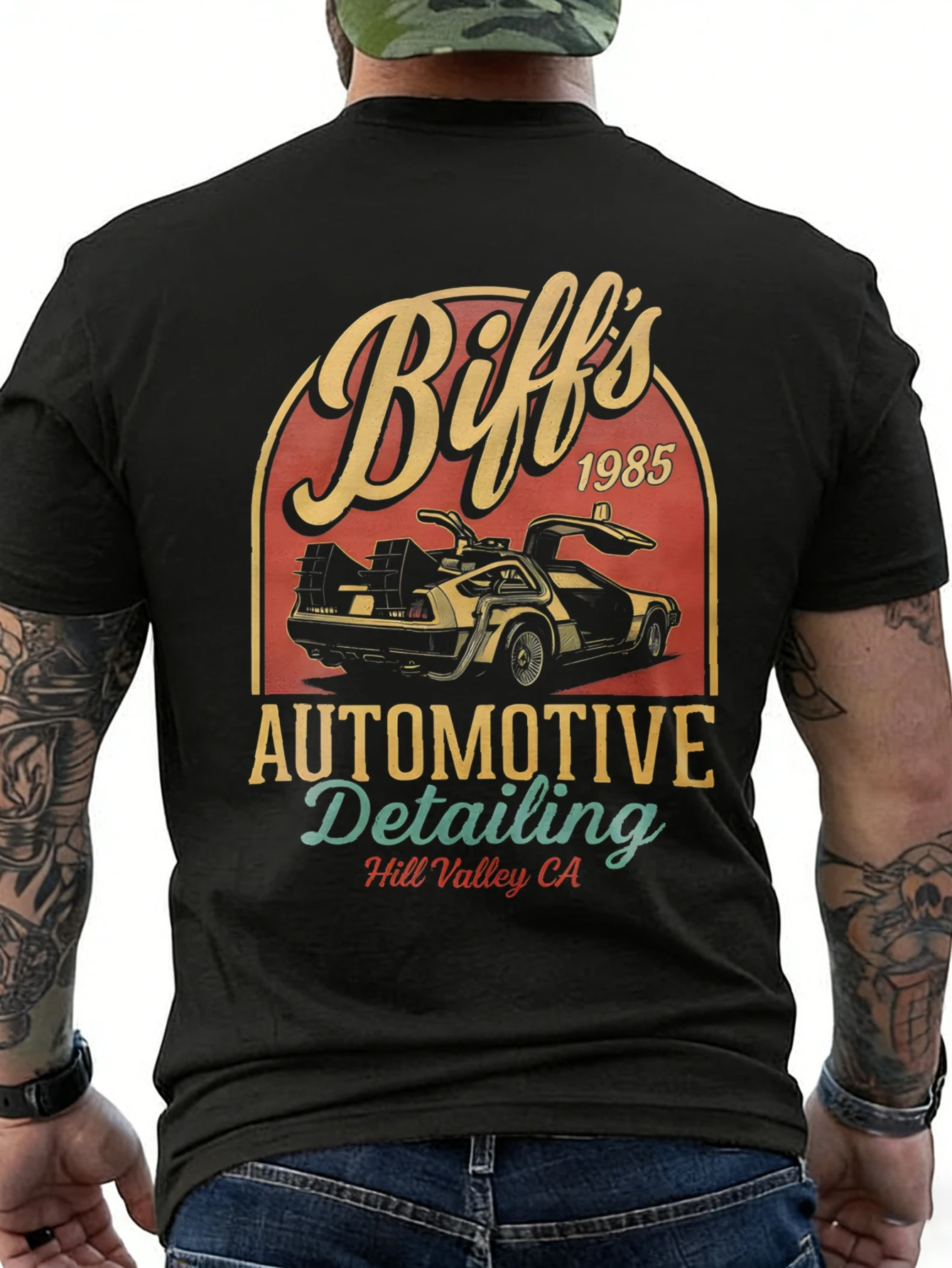 Black T Shirt with Biffs 1985 Automotive Detailing Hill Valley for Ca Print for Casual Wear