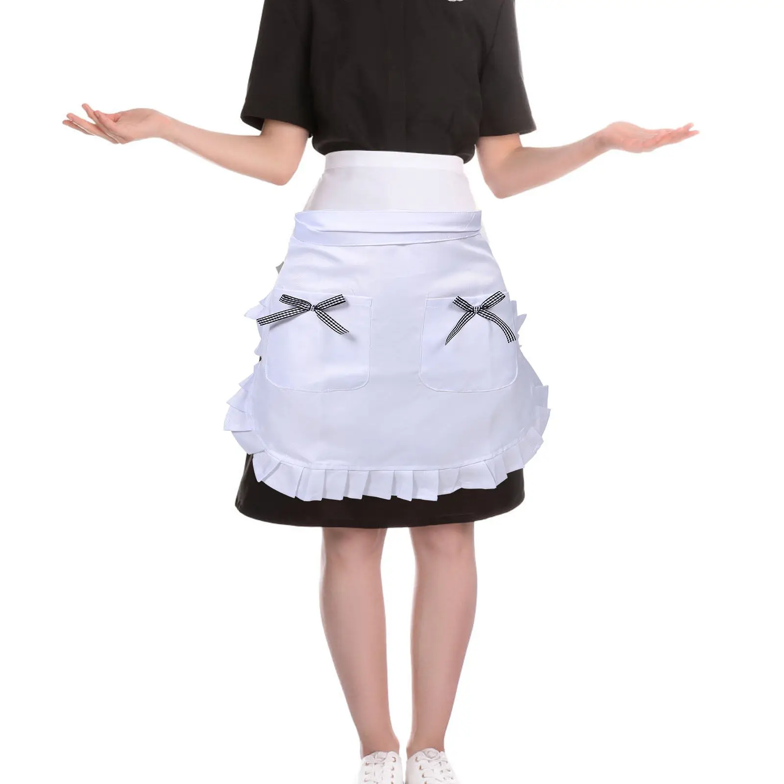 Ruffled Short Waist Apron for Women – Adjustable Tie Kitchen Cooking Baking Grill Serving Apron for Home Cafe Restaurant