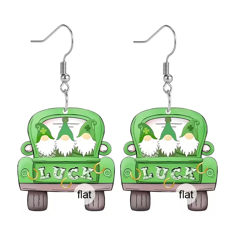 2D Flat St. Patrick's Day Green Dwarf in Car Dangle Earrings Good Luck Pendant Car Ear Accessories for Women Daily Party Jewelry