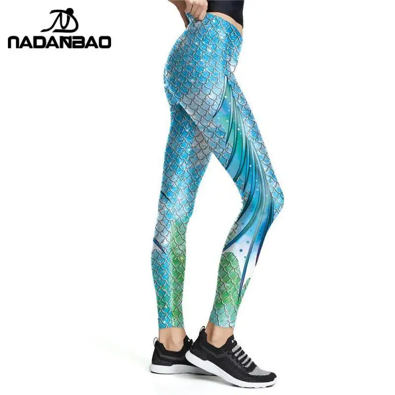 NADANABO New Blue Wonder Sereia Leggings Gradiente Cor Peixe Escala Impresso Calças Workout Leggins Elastic Cintura Alta Legins