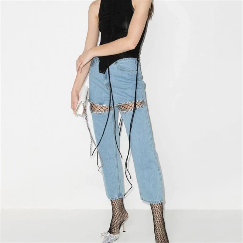 

Summer 2025 New Women's Hollow-Designed Diamond Embellished Wide Leg Pants High-Quality Fashion Mid-Waist Straight Blue Jeans