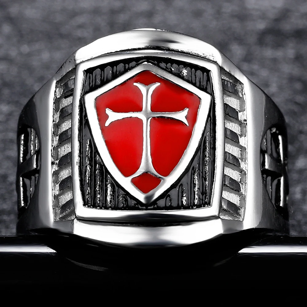 Massive Men\'s Templar Finger-ring With Cross Shield Symbols Signet Army Rings For Men Stainless Steel Battlefield Origins