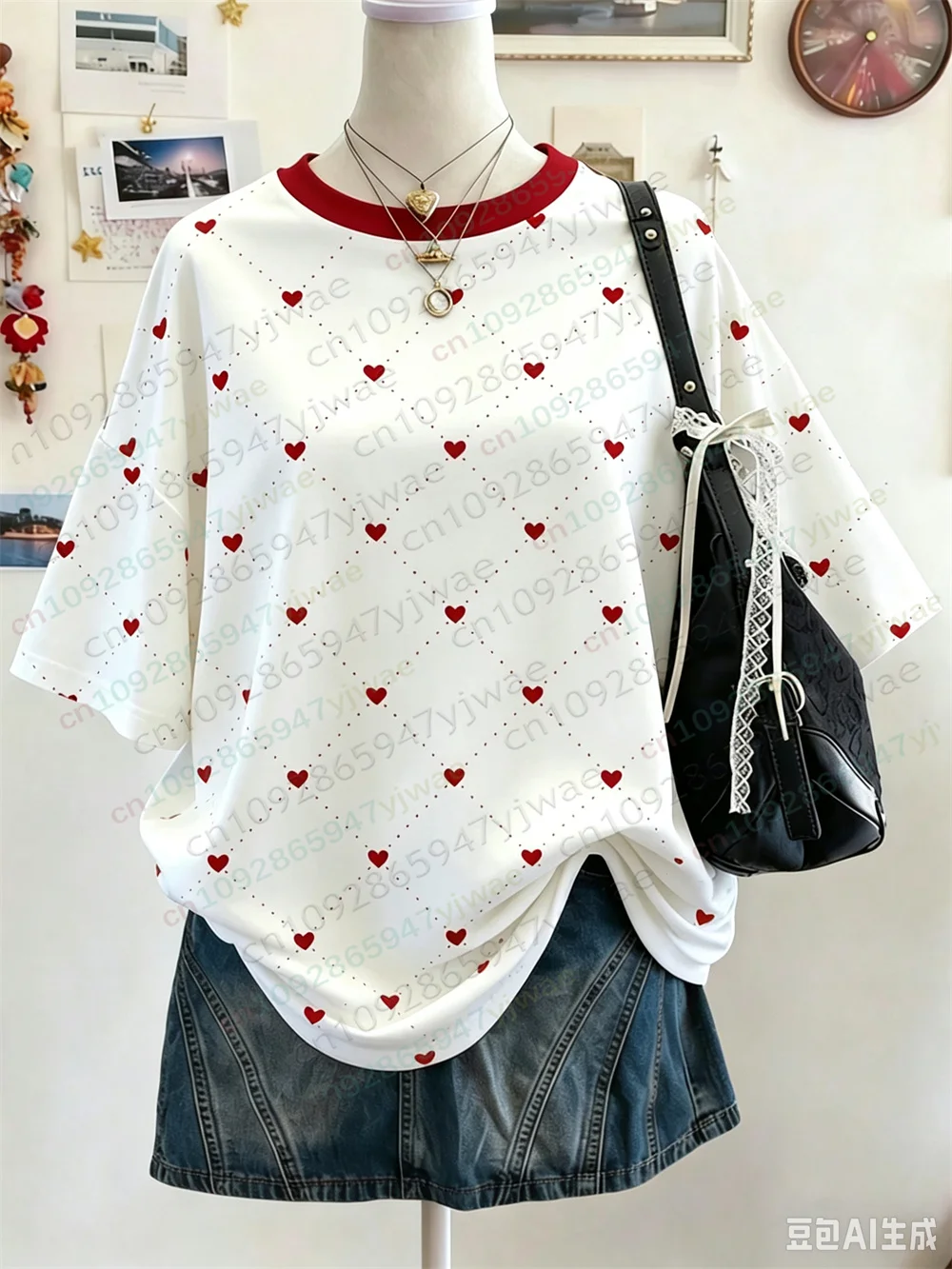 Herzförmiges Polka-Dot-Muster, O-Ausschnitt, Kurzarm-T-Shirt, vielseitiges Casual-Oberteil, Y2K Streetwear, Sommer-Damen-T-Shirt – Detail 3